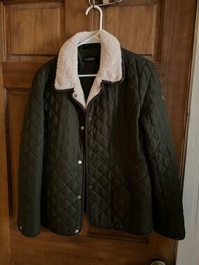 Ralph Lauren Olive Quilted Jacket with Cream Sherpa Collar